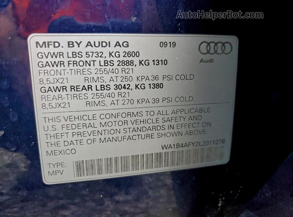 WA1B4AFY2L2011276 2020 AUDI SQ5 Blue Vista de la etiqueta del VIN