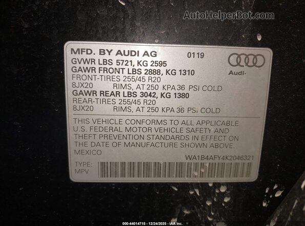 WA1B4AFY4K2046321 2019 AUDI SQ5 Черный Вид подкапотного пространства