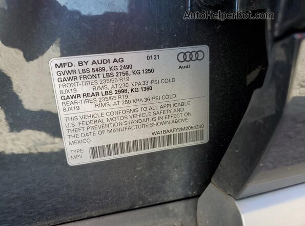 WA1BAAFY2M2054249 2021 AUDI Q5 Серый Вид наклейки с VIN-кодом