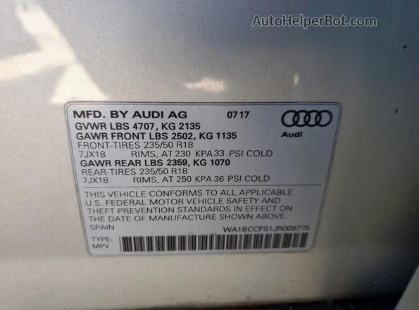 WA1BCCFS1JR009775 2018 AUDI Q3 Silver VIN კოდის სტიკერის ხედი