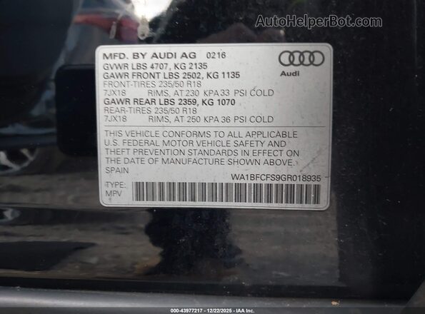 WA1BFCFS9GR018935 2016 AUDI Q3 Black Engine compartment view