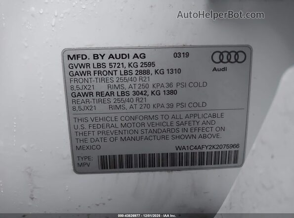 WA1C4AFY2K2075966 2019 AUDI SQ5 Белый Вид подкапотного пространства
