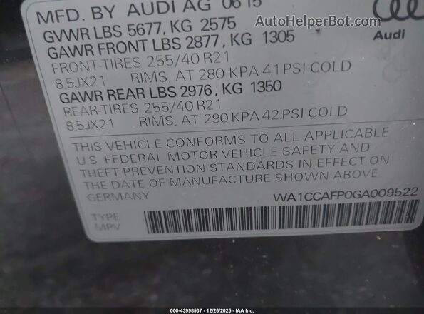 WA1CCAFP0GA009522 2016 AUDI SQ5 Gray Vista del compartimento del motor
