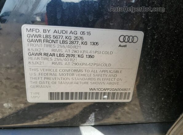 WA1CCAFP2GA004807 2016 AUDI SQ5 Charcoal VIN კოდის სტიკერის ხედი