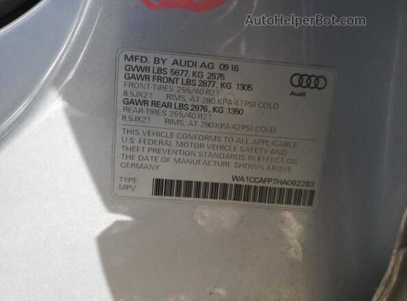 WA1CCAFP7HA062283 2017 AUDI SQ5 Silver VIN կոդի պիտակի տեսք