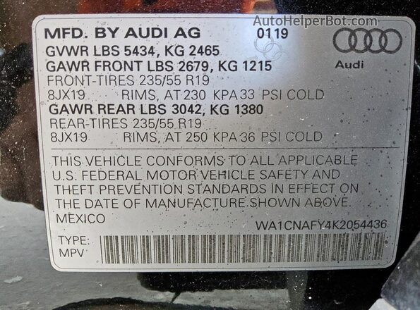 WA1CNAFY4K2054436 2019 AUDI Q5 Черный Вид наклейки с VIN-кодом