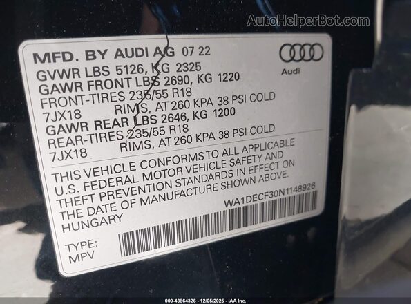 WA1DECF30N1148926 2022 AUDI Q3 Black Widok komory silnika