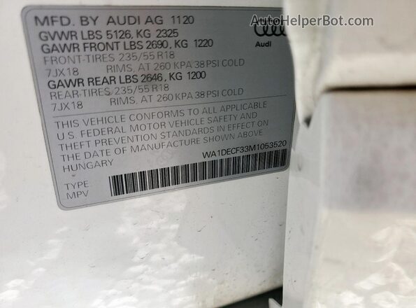 WA1DECF33M1053520 2021 AUDI Q3 White VIN կոդի պիտակի տեսք