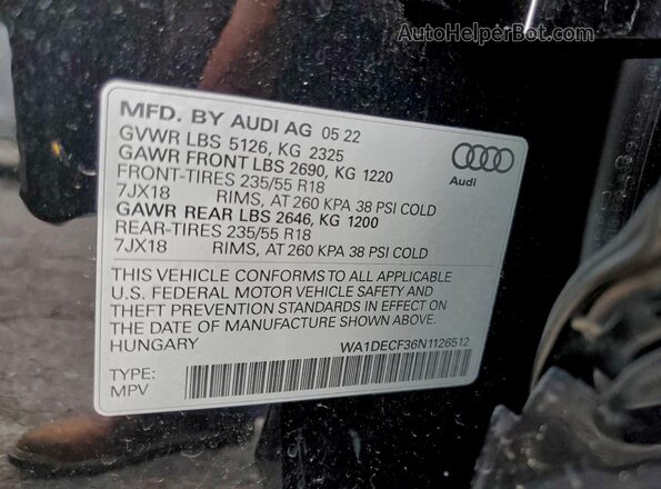 WA1DECF36N1126512 2022 AUDI Q3 Black Vista de la etiqueta del VIN