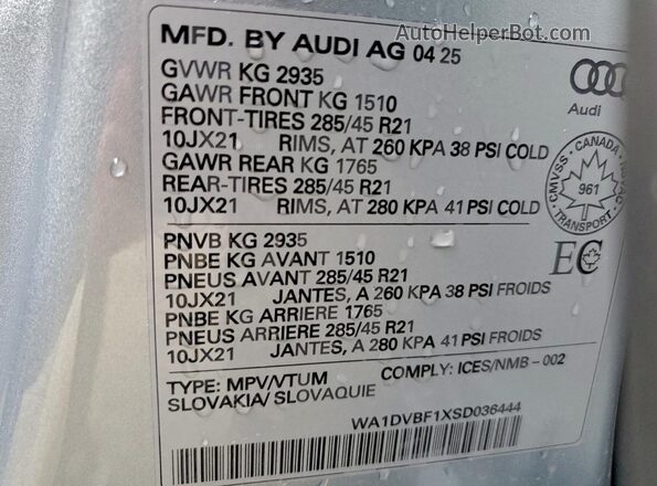 WA1DVBF1XSD036444 2025 AUDI Q8 Серебряный Вид подкапотного пространства