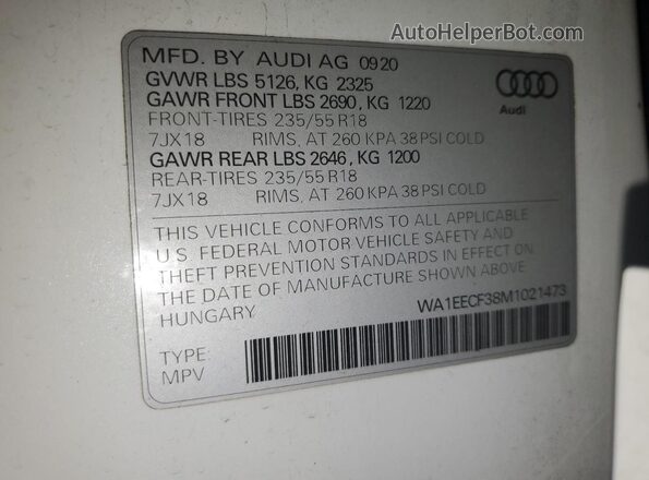 WA1EECF38M1021473 2021 AUDI Q3 Белый Вид наклейки с VIN-кодом