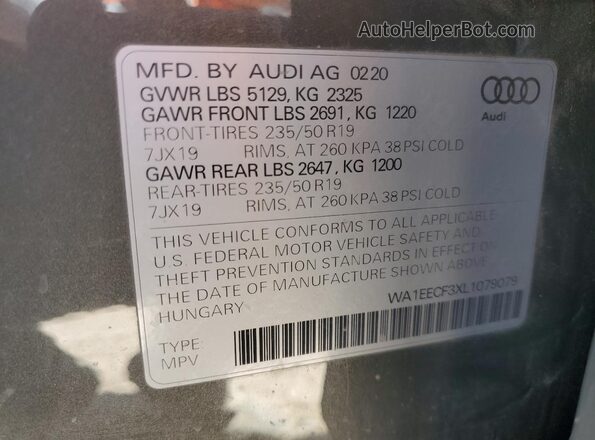 WA1EECF3XL1079079 2020 AUDI Q3 Серый Вид наклейки с VIN-кодом