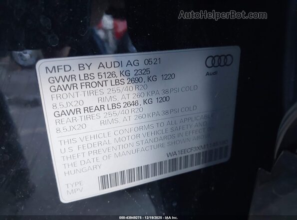 WA1EECF3XM1145180 2021 AUDI Q3 Black Շարժիչի բաժամունքի տեսք