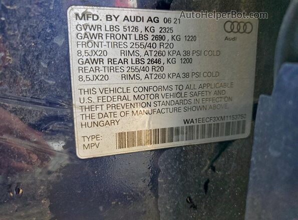 WA1EECF3XM1153750 2021 AUDI Q3 Blue Widok naklejki z numerem VIN