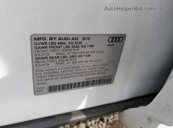 WA1EFCFSXGR024367 2016 AUDI Q3 White Вид наклейки з VIN-кодом