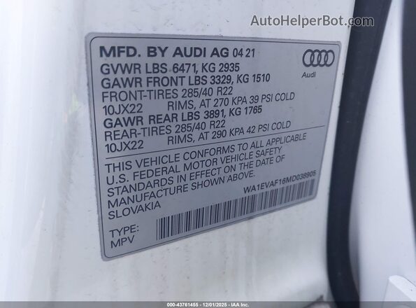 WA1EVAF16MD038905 2021 AUDI Q8 Белый Вид подкапотного пространства
