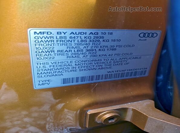 WA1EVAF19KD012134 2019 AUDI Q8 Оранжевый Вид наклейки с VIN-кодом