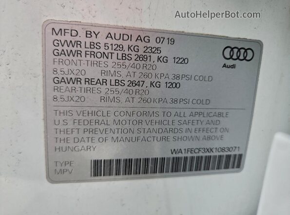WA1FECF3XK1083071 2019 AUDI Q3 White Widok wnętrza 360 stopni