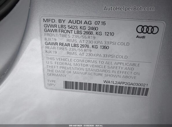 WA1L2AFP2GA030021 2016 AUDI Q5 Gray Widok komory silnika