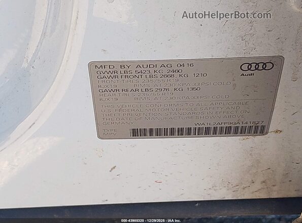 WA1L2AFP9GA141827 2016 AUDI Q5 White Вид підкапотного простору