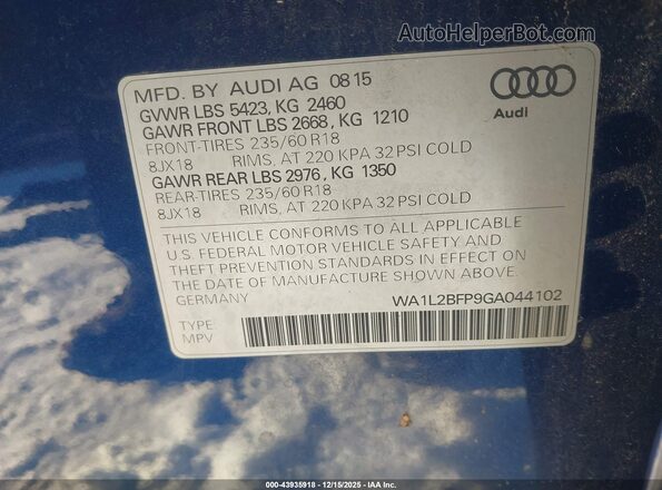 WA1L2BFP9GA044102 2016 AUDI Q5 Blue Vista del compartimento del motor
