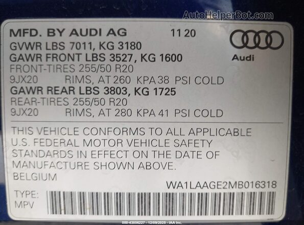 WA1LAAGE2MB016318 2021 AUDI E-TRON Blue ძრავის განყოფილების ხედი