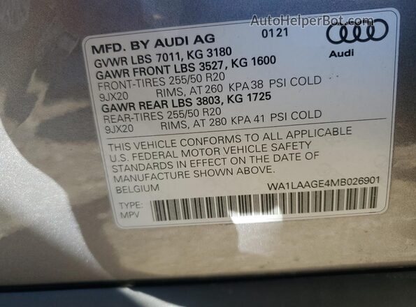 WA1LAAGE4MB026901 2021 AUDI E-TRON Серый Вид наклейки с VIN-кодом