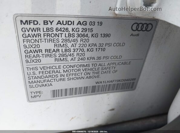WA1LHAF73KD040269 2019 AUDI Q7 White Widok komory silnika