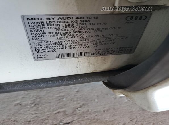 WA1LXAF71LD003435 2020 AUDI Q7 White Widok naklejki z numerem VIN