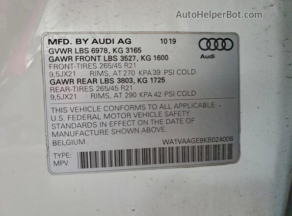 WA1VAAGE8KB024008 2019 AUDI E-TRON White Вид наклейки з VIN-кодом