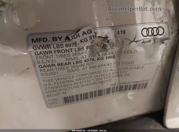 WA1VABGE7KB012731 2019 AUDI E-TRON Gray Widok komory silnika