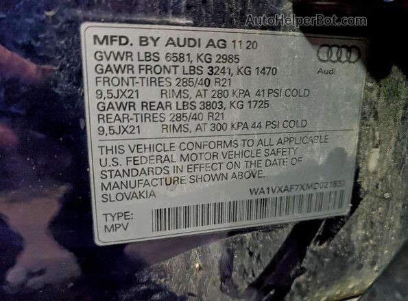 WA1VXAF7XMD021832 2021 AUDI Q7 Синий Вид наклейки с VIN-кодом