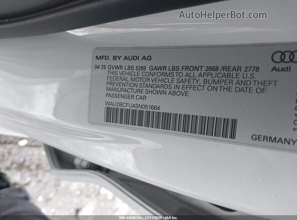 WAU2BCFU4SN051664 2025 AUDI ALL White Widok komory silnika