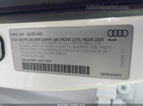 WAUAUGFF1LA071006 2020 AUDI OTHER White Շարժիչի բաժամունքի տեսք