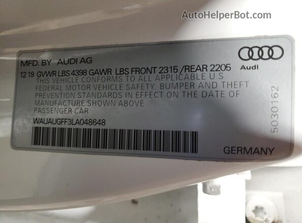 WAUAUGFF3LA048648 2020 AUDI OTHER Белый Вид наклейки с VIN-кодом