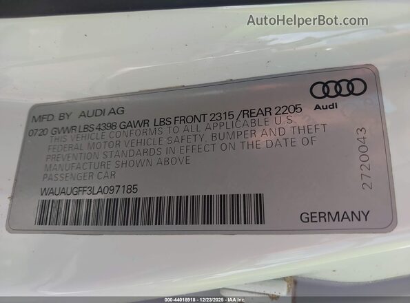 WAUAUGFF3LA097185 2020 AUDI OTHER White Вид підкапотного простору