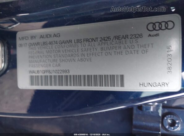 WAUB1GFF8J1022993 2018 AUDI S3 Синий Вид подкапотного пространства