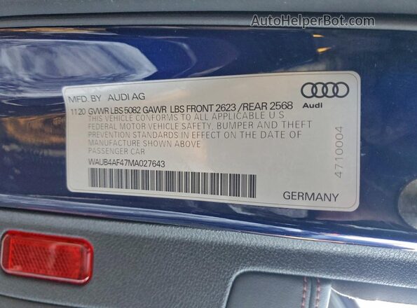 WAUB4AF47MA027643 2021 AUDI S4 Синий Вид наклейки с VIN-кодом