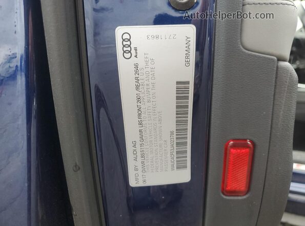 WAUC4CF53JA023786 2018 AUDI S5 Blue VIN კოდის სტიკერის ხედი