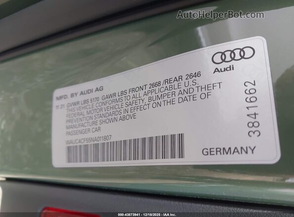 WAUC4CF55NA011807 2022 AUDI S5 Зеленый Вид подкапотного пространства