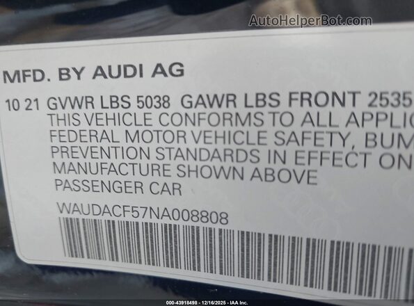 WAUDACF57NA008808 2022 AUDI OTHER Черный Вид подкапотного пространства