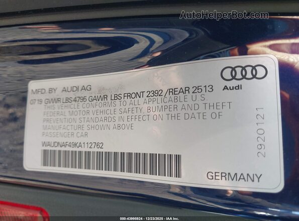 WAUDNAF49KA112762 2019 AUDI OTHER Blue Շարժիչի բաժամունքի տեսք