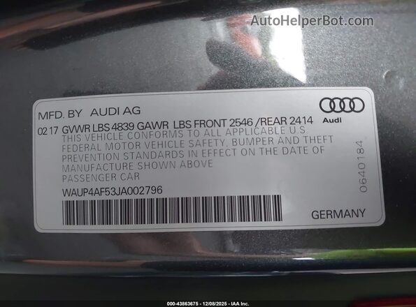 WAUP4AF53JA002796 2018 AUDI S5 Gray Շարժիչի բաժամունքի տեսք