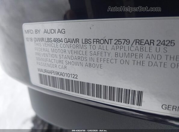 WAUR4AF59KA010122 2019 AUDI S5 Черный Вид подкапотного пространства