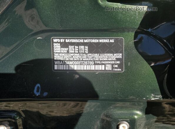 WBA13AW09RFT28789 2024 BMW M4 Зеленый Вид наклейки с VIN-кодом