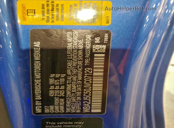 WBA2J5C50JVC07129 2018 BMW M2 Blue Vista del compartimento del motor