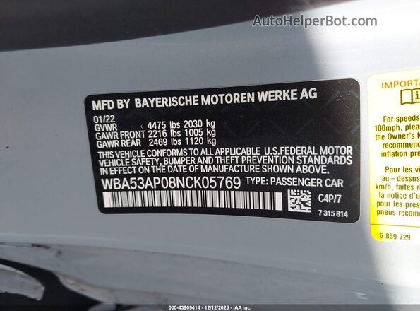 WBA53AP08NCK05769 2022 BMW OTHER Серый Вид подкапотного пространства