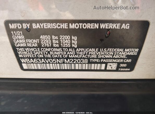 WBA63AV05NFM22038 2022 BMW OTHER White Widok komory silnika