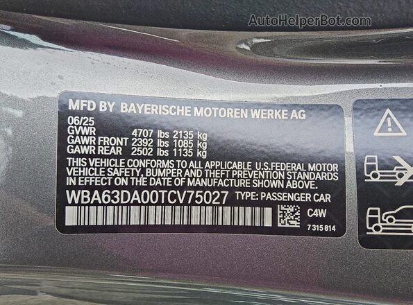 WBA63DA00TCV75027 2026 BMW OTHER Серый Вид наклейки с VIN-кодом