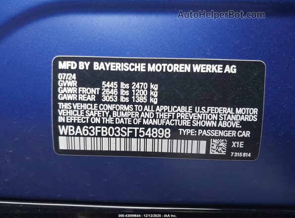 WBA63FB03SFT54898 2025 BMW OTHER Blue ძრავის განყოფილების ხედი